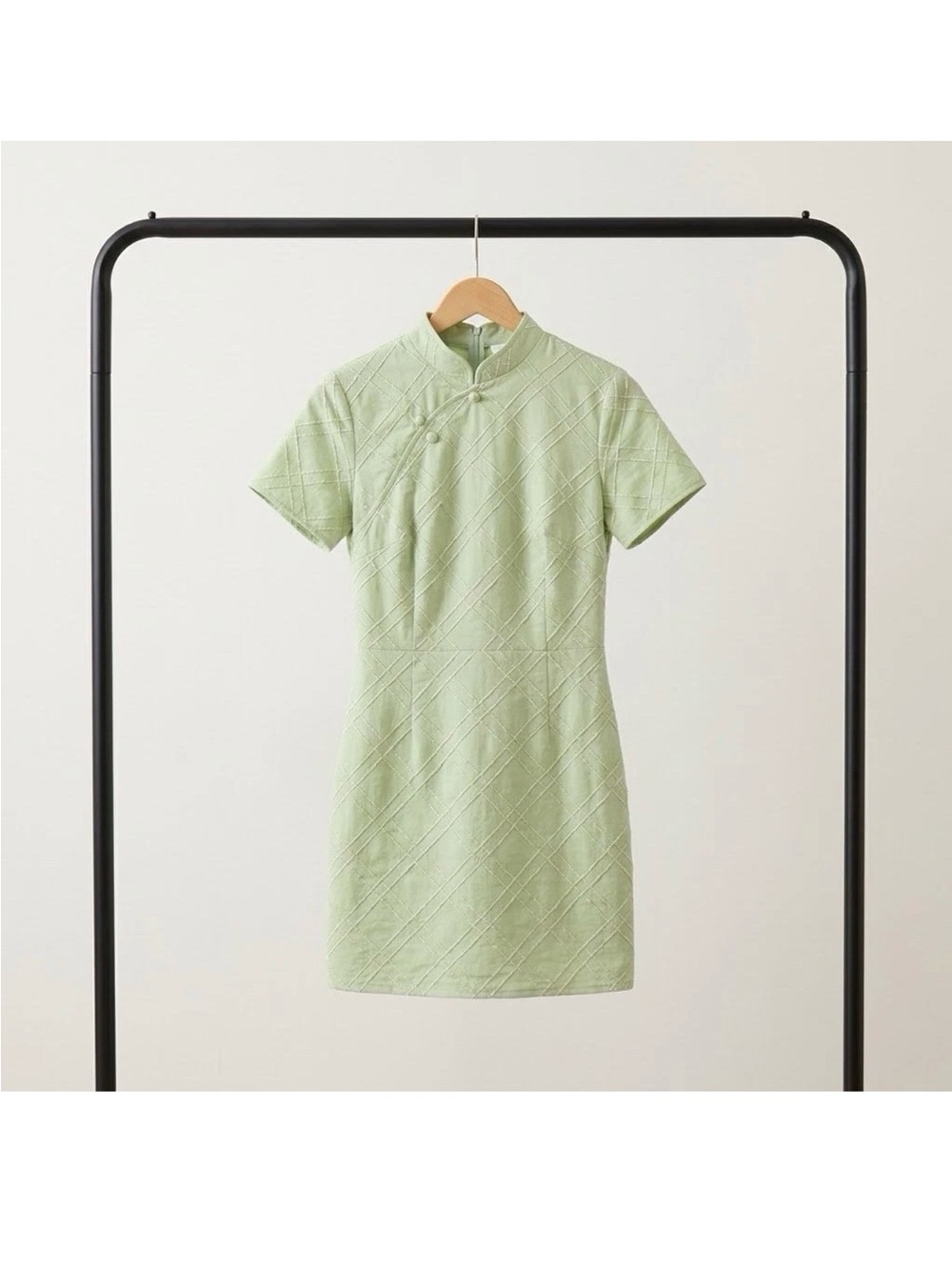 Light Green Quilted Grid Mini Dress with Mandarin Collar & Frog Buttons LARGE